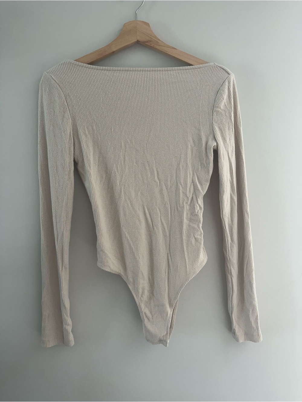Ribbed Long-Sleeve Beige Bodysuit, open back